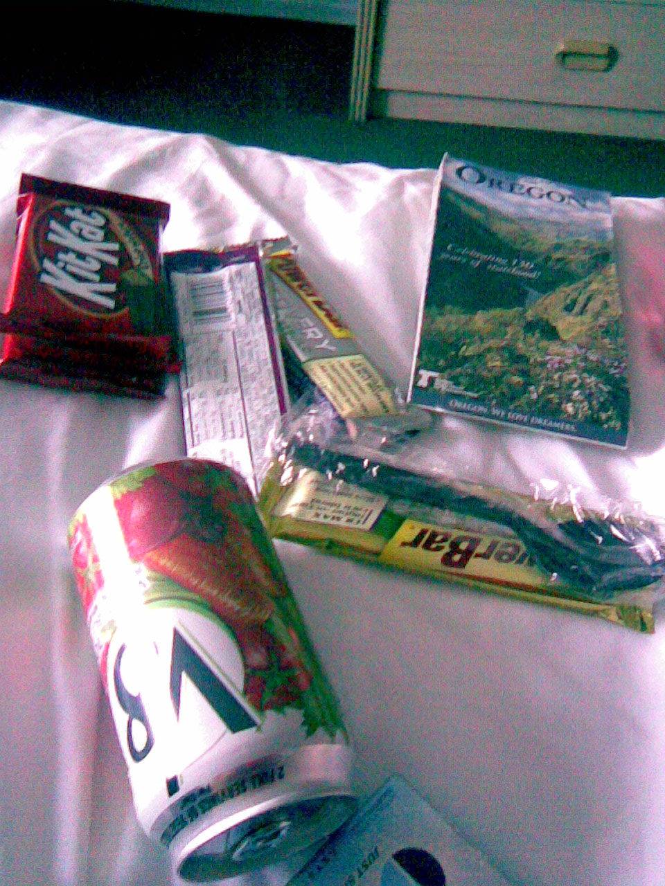 Hotel room in Klamath Falls, snacks and map